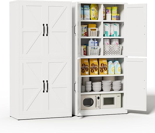 Steel Kitchen Pantry Cabinet with Barn Doors and Adjustable Shelves, Metal Farmhouse Storage Cabinets for Living Room, Bathroom, Kitchen Storage