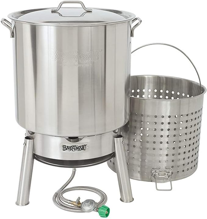 Bayou Classic KDS-182 Stainless Steel Boiler Cooker Kit Features 82-qt Stainless Boiler with Lid, Boil Basket with Helper Handle, Single Jet 106,000 BTU Burner, 10-psi Pre-Set Regulator and 60-in Hose