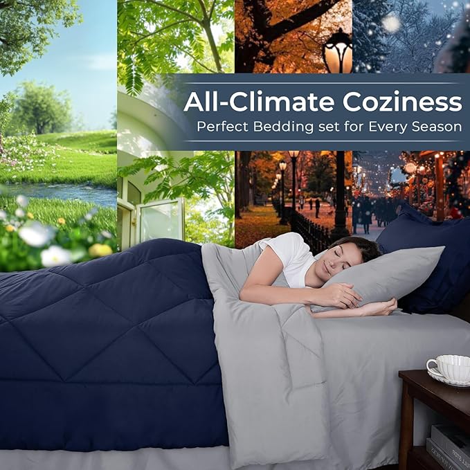 HEVUMYI Full Comforter Set - 7-Piece All Season Bed in a Bag Full, Ultra Soft Bedding Set with Comforter, Flat Sheet, Fitted Sheet, Pillowcases, Pillow Shams, Navy Blue & Light Grey