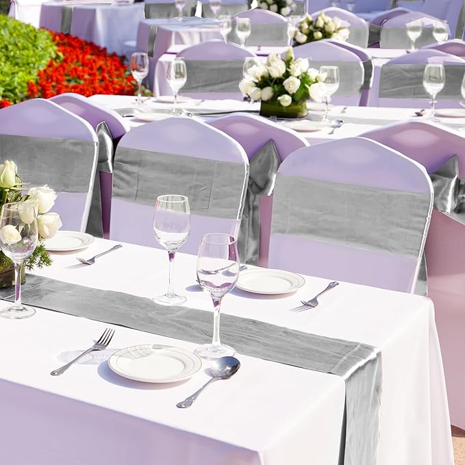 Aneco 4 Pack Satin Table Runner 12 x 108Inch Long Bright Silk and Smooth Fabric Party Table Runner for Wedding Banquet Party Decoration-Silver Gray