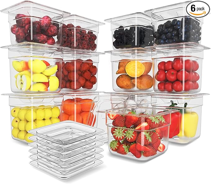 12 Pack Plastic Food Pan with Lid 1/6 Size 6 Inch Deep Restaurant Clear Food Storage Containers Polycarbonate Commercial Hotel Pans for Fruits Vegetables Beans Corns (12 PCS, 6'' Deep)
