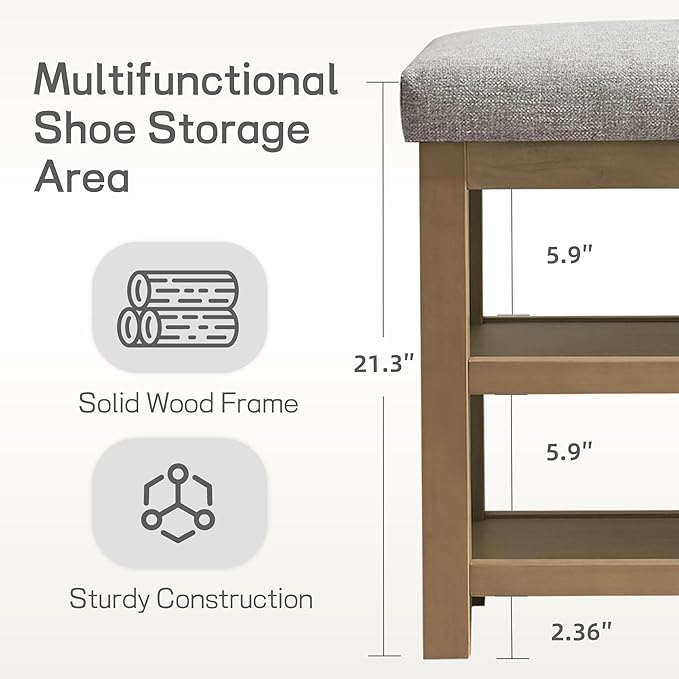 Zihanhome Shoe Rack Bench with Cushion, 2 Tier Solid Wood Storage Bench, Mid-Century Modern Shoe Bench for Entryway, Hallway, Closet, Front Door Entrance, Foyer (Grey, 46.5")