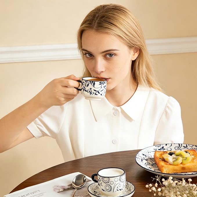 vancasso 2.5OZ Espresso Cups Set of 4, Porcelain Stackable Cappuccino Cups, Demitasse Coffee Cups and Saucers Set with Metal Stand for Specialty Drinks, Series SELENE (Vintage Blue, 2.5 Ounce)