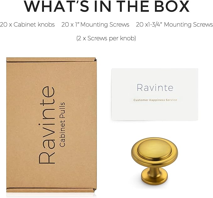 Ravinte 20 Pack 1-1/4 Inch Kitchen Cabinet Knobs - Brushed Brass Zinc Drawer Pulls and Door Handles for Dressers