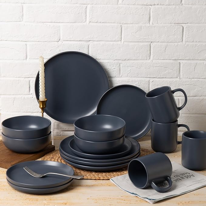 Furrnook 12-Piece Stoneware Dinnerware Set with Mugs | Microwave and Dishwasher Friendly | Stackable Matte Glaze Plates & Bowls | Service for 3 (Blue for 4)