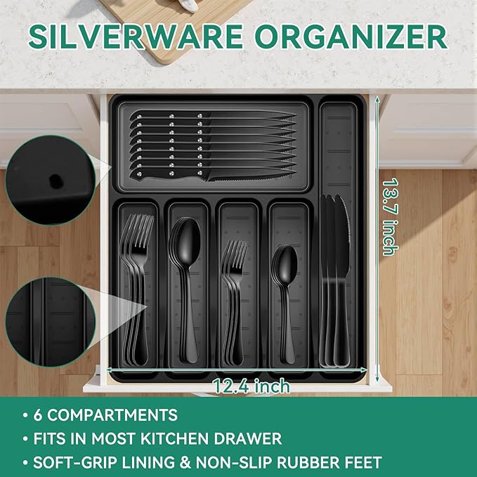 49-Piece Black Silverware Set with Organizer, Stainless Steel Flatware Set for 8 with Drawer Tray, Cutlery Steak Knives Fork Spoon for Home Restaurant, Mirror Finish