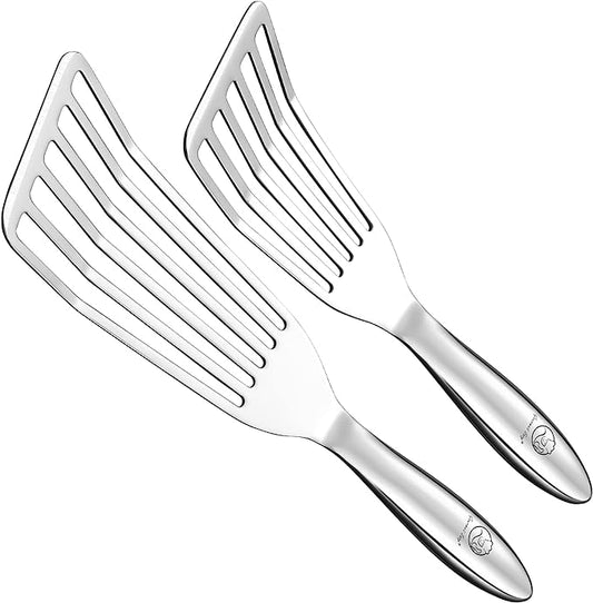 Stainless Steel Fish Spatula Set ??1 Large Fish Turner + 1 Small Metal Spatula, Ultra Thin Edge for Easy Turning & Flipping, Metal Kitchen Untensils with Ergonomic Non-Slip Handle, Dishwasher Safe