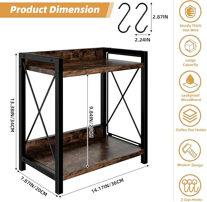 Coffee Bar Shelf Accessories Organzier for Countertop with K Cups Holder, 2 Tier Coffee Stand Station Organizer for Countertop with 2 Hooks(Black)