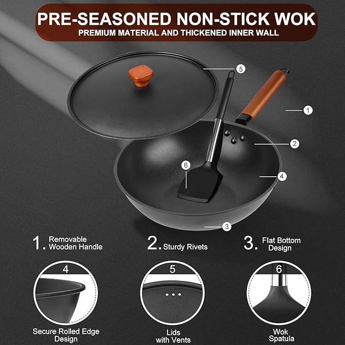 Carbon Steel Wok Pan - 13" Woks & Stir-Fry Pans Nonstick with Spatula: Flat Bottom Wok for Electric, Induction and Gas Stoves
