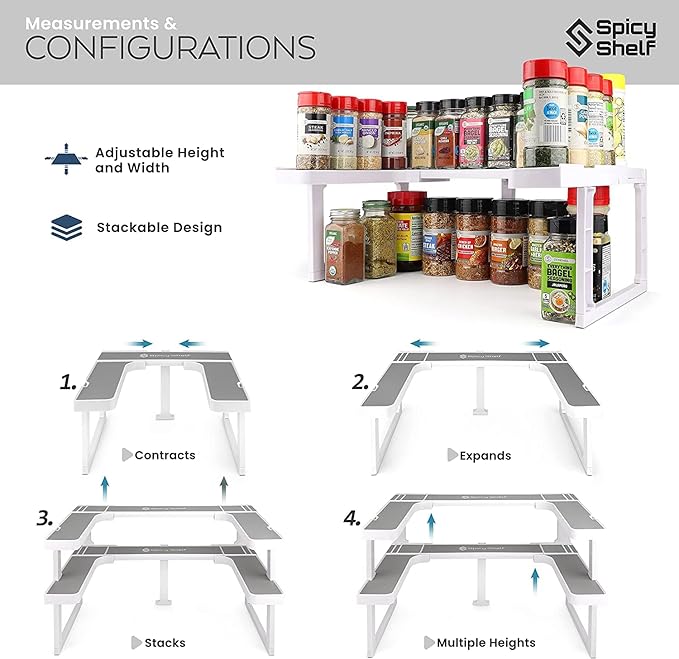 Spicy Shelf Premium ??Expandable 2-Tier Spice Rack Organizer for Cabinets & Pantry ??Adjustable Stackable Kitchen Seasoning Organizer ??Strong Non-Slip Cabinet Organizer for Spices, Bottles & More