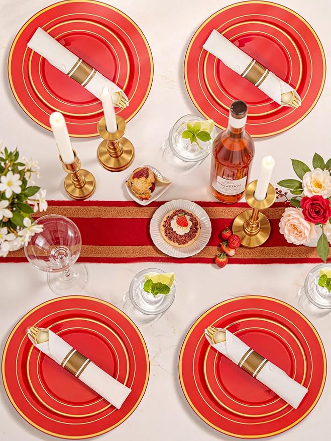 175 Pieces Red Plastic Plates with Gold Rim Include Dinner Plate 10?? Dessert Plate 7?? gold Cups 9 OZ, Pre Rolled Napkins 25 of each type for Party Valentine's Day