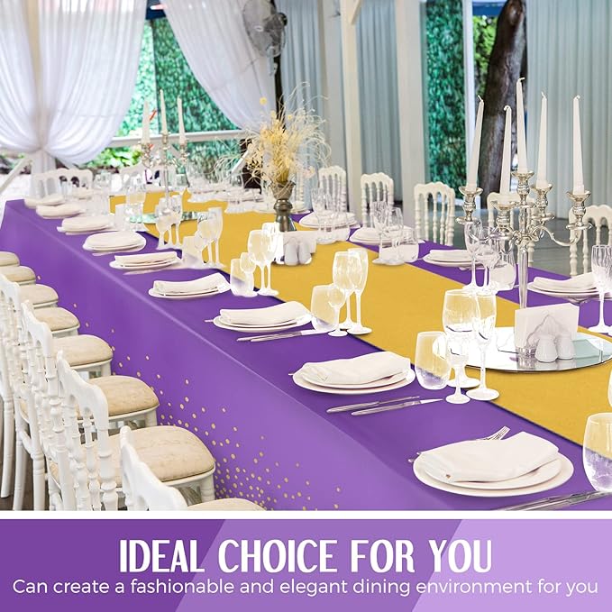 Tudomro 16 Pcs Purple and Gold Disposable Plastic Tablecloths and Satin Table Runner Set 54x108 Inch Tablecloth 12x108 Inch Table Runners for New Year Wedding Birthday Baby Shower Graduation