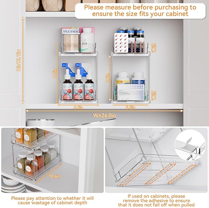 Yieach 4 Pack 2 Tier Vertical Spice Rack Pull Out,10.4'' Deep Narrow Slide Out Spice Rack Organizer for Inside Cabinets,Kitchen,Pantry,Cupboard Seasoning,Can,Jar Organizer and Medicine Cabinet Storage