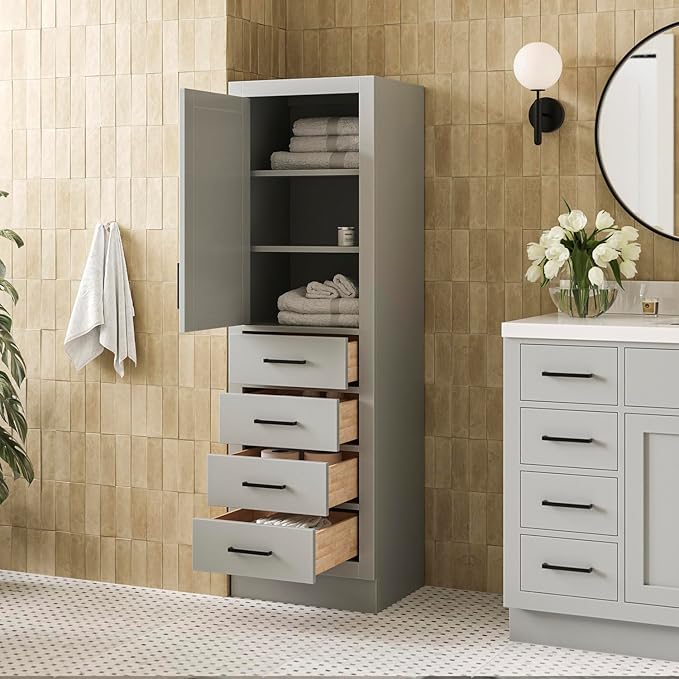 ARIEL Hepburn Bathroom Storage Cabinet - Solid Hevea Wood and Fully Assembled for Long-Lasting Durability and Sophisticated Finish, Freestanding Linen Bathroom Cabinet - 65?쒱 x 20?쓂 x 16?쒭, Grey