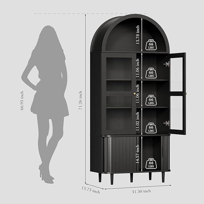 DHH 71" Tall Arched Kitchen Pantry, Modern Farmhouse Wood Kitchens Storage Cabinets with Sliding Doors竊?Adjustable Shelves, Versatile Cupboard for Kitchen, Living Dining Room, Bathroom (Black)