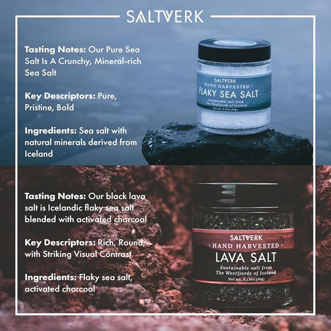 Saltverk Salt Gift Sets - Flaky, Lava, Birch Smoked, Arctic Thyme Sea Salts- Gourmet, Icelandic, Hand Harvested and Sustainably Made - Both 4 pk and 2 pk (3.17 Oz (Pack of 2), Flaky and Lava)