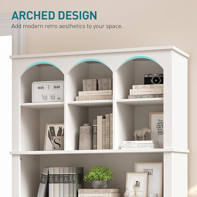 73.2" Tall Farmhouse Arched Bookshelf with Drawer and Door, Set of 2, 6 Tier Mid Century Modern Book Shelf and Bookcase with Storage, Floor Standing Display Cabinet for Home Office, White