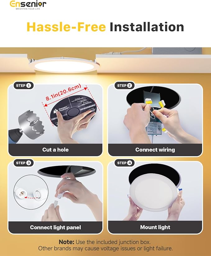 Ensenior 4 Pack 8 Inch LED Recessed Light, Dimmable, 2700K-5000K 5CCT, 1600LM High Brightness, 18W 120V, Damp Rated, Ultra-Thin Canless Wafer Light - ETL & FCC & IC