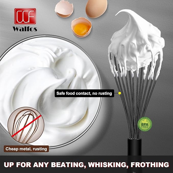 Walfos Silicone Whisk,Stainless Steel Wire Whisk Set of 3 -Heat Resistant 480째F Kitchen Whisks for Non-stick Cookware,Balloon Egg Beater Perfect for Blending,Whisking,Beating,Frothing & Stirring,Black