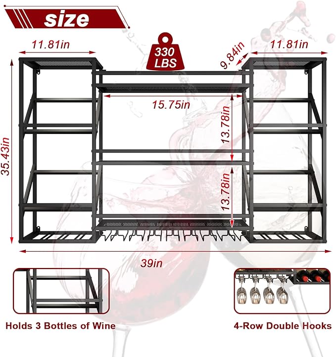 Wall-Mounted Wine Rack, 3-Tier Wine Bottle Display Shelf with Glass Holder, Metal Wine Rack Wall Mounted for Home Bar Kitchen Dining Room Coffee Shop (Black, 39in)