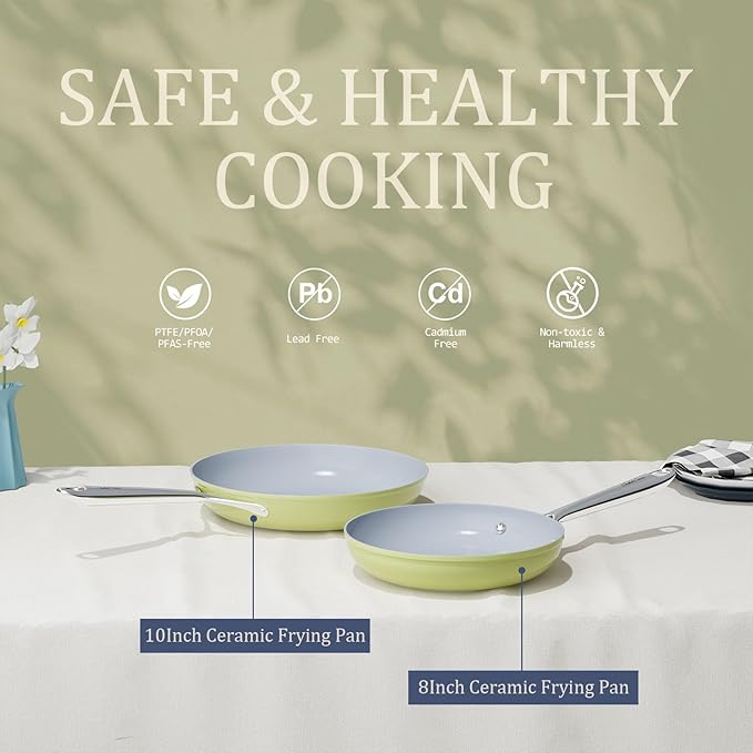Nonstick Ceramic Frying Pan 8 inch for All Stovetops, PTFE/PFOA/PFAS Free, Even Heat Distribution Oven Safe up to 500째F, Healthy Non Toxic Skillet w/ Ergonomic Stainless Steel Handle, Olive Green
