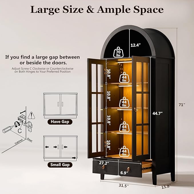 71" Tall Arched Cabinet with Glass Doors, Wood Kitchen Pantry with LED Sensor Lights, Farmhouse Freestanding Versatile Cupboard for Living Room,Dining Room,Home Office, Black