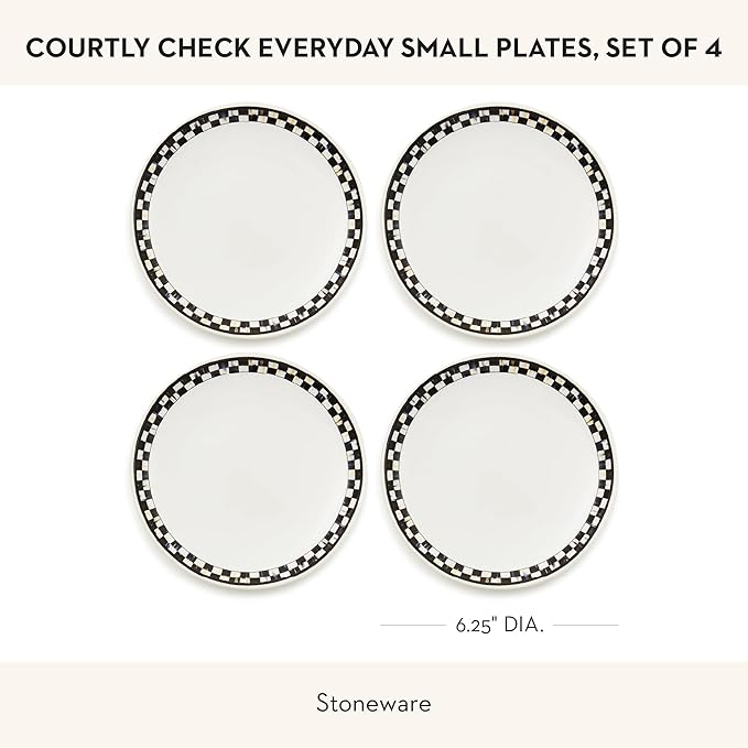 MACKENZIE-CHILDS Set of 4 Everyday Small Plates, Microwave-Safe and Dishwasher-Safe Stoneware Salad Plates, Black-and-White Courtly Check
