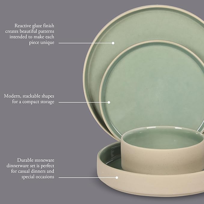 Gibson Elite Liberty Bay 16-Piece Pottery Clay Stoneware Dinnerware Set ??Mint Green Reactive Glaze, Stackable Plates and Bowls W/Pasta Bowl, Service for 4 ??Microwave & Dishwasher Safe