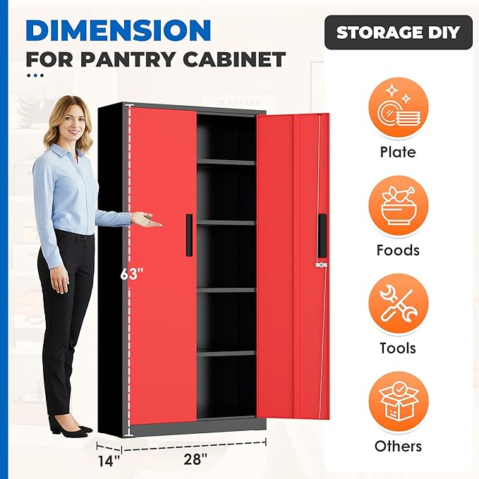 INTERGRAET 63" Tall Pantry Cabinet,Kitchen Pantry Storage Cabinets with 2 Doors and 4 Shelves,Black Red Metal Storage Cabinet,Cupboard for Home,Kitchen,Living Room/Dining