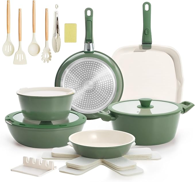 23pcs Ceramic Pots and Pans Set, Nonstick Detachable Handle Cookware, Induction Kitchen Cooking Set with Removable Handle,include Frying Pans & Saucepans Oven Safe(Green)