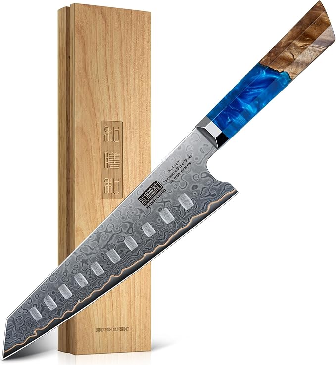 HOSHANHO Damascus Santoku Knife 7 Inch, 67-Layer Damascus Steel Chef Knife, Ultra Sharp Professional Kitchen Knives with Ergonomic Blue Resin Stabilized Wood Handle and Wood Gift Box