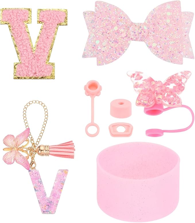 uxcell 8Pcs Cup Accessories Set for Cup Tumbler with Handle, Including Silicone Straw Cover, Boot, Spill Proof Stopper, Handle Charm, Initials Sticker(Letter V, Pink)
