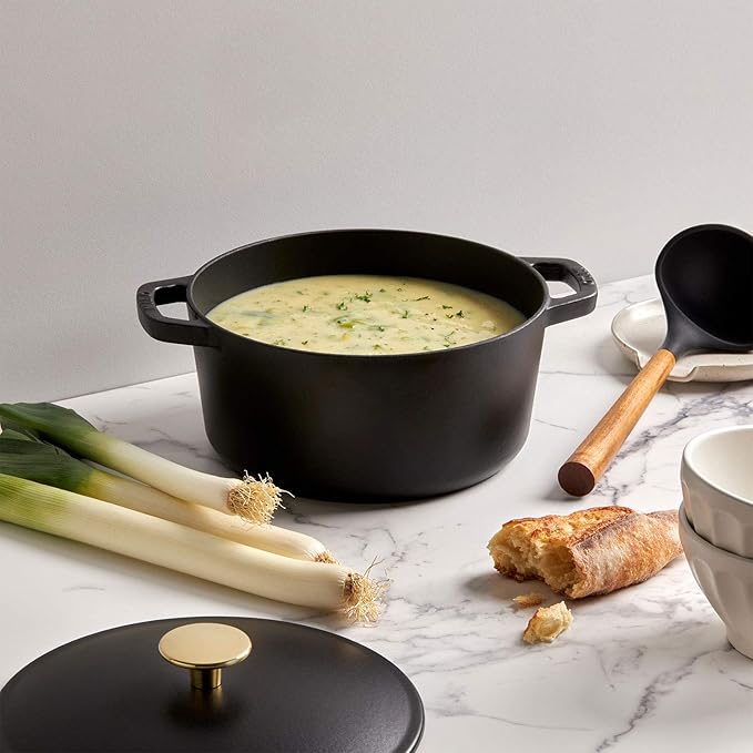 Milo by Kana 3.5-quart Enameled Cast Iron Dutch Oven with Lid | Premium Casserole Cooking Pot | Enamel Coating Inside and Out | Oven Safe and Dishwasher Friendly (Black with Gold Knob)