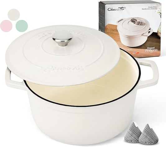 6 QT Dutch Oven Pot with Lid, Enameled Cast Iron Dutch Oven for Bread Making, Braiser, Cooking, Dual Handles, Oven Safe up to 500째 F or on Stovetop, Gifts for Family - Off White
