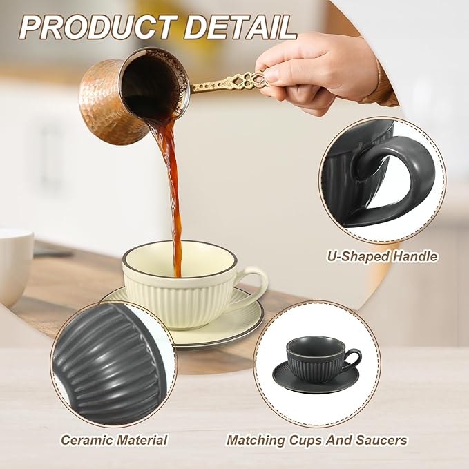 uxcell Handmade Vintage Espresso Cups, 9.5oz Stripe Coffee Cups and Saucers Ceramic Tea Cup with Handle Dishwasher and Microwave Safe for Latte Cappuccino Milk Office Home, Gray Blue