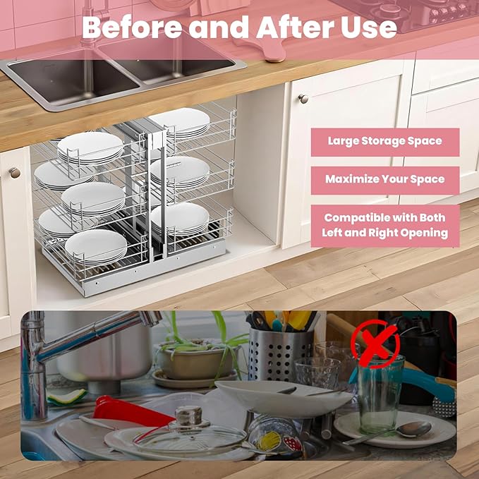 Vohala Blind Corner Cabinet Pull Out Shelf Organizer, 3 Tier Heavy Duty (200LBS), Adjustable, Chrome Steel, for Standard Kitchen Corner Cabinets (24x12.2x23.6 Inch)