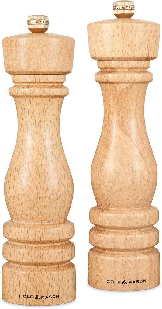 Cole & Mason London Refillable Spice Mill - Kitchen & Home Accessory - Salt & Pepper Grinder Set - Salt Mill with Ceramic Mechanism - Pepper Mill with Carbon Steel Mechanism - 8", Natural Beech