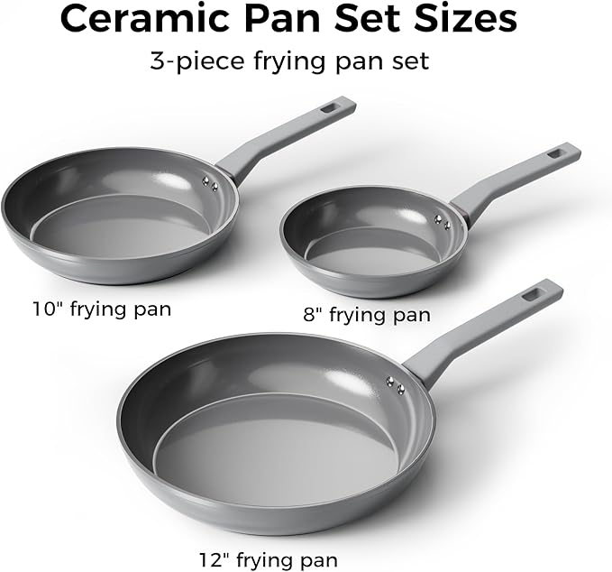 Sanho Healthy Ceramic Non-Toxic Frying Pan Set, 3-Piece (8, 10 & 12 Inch) Non Stick Skillets, PFAS PTFE PFOA Free, Induction Compatible, Dishwasher Safe Gray Cookware Set