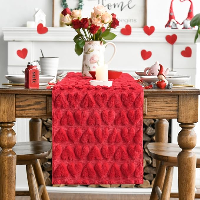 Artoid Mode Red Soft Plush Faux Fur Jacquard Heart Valentine's Day Table Runner, Seasonal Kitchen Dining Table Decoration for Home Party Decor 13x36 Inch