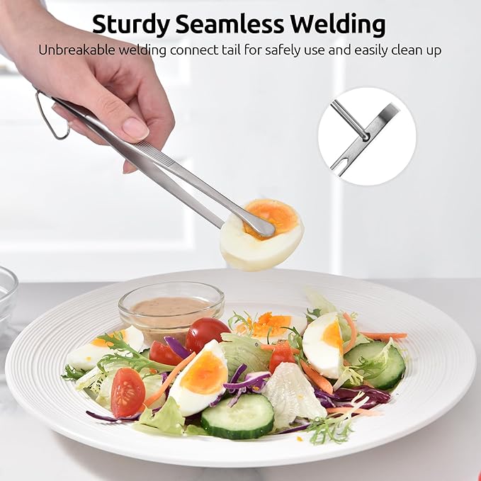 U-Taste 8in Kitchen Plating Tweezer: 18/8 Stainless Steel Food-Grade Metal Food Tong, Seamless-Welding, Sturdy and Flexible with Non-slip Tips for Serving, Decorating, Cooking, Baking (Round Tip)