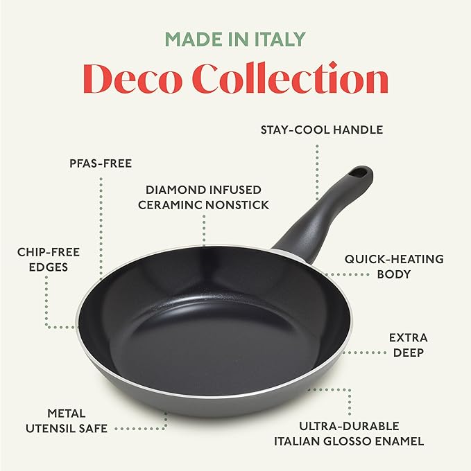 Deco 11??Nonstick Frying Pan Skillet, Made in Italy, Diamond Ceramic PFAS-Free, Dishwasher & Metal Utensil Safe, Durable Gloss Enamel Finish, Stay-Cool Handle, High Walls-Extra Room, Gray