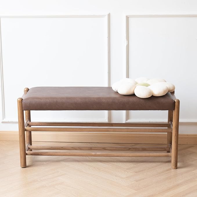 XINNAN Solid Wood Entryway Bench with Shoe Storage, Rustic Oak Wood and PU Leather 39.4 Inch Long Seating for Living and Dining Rooms, 3-Tier Brown