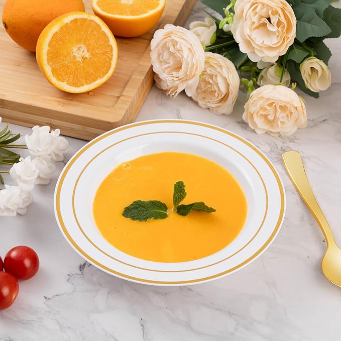 Goodluck 50 Pack Plastic Bowls with Gold Rim, 12oz Disposable Soup Bowls, Heavy Duty Dessert Bowls for Weddings, Parties, Dinners, Catering, Thanksgiving and Everyday Use