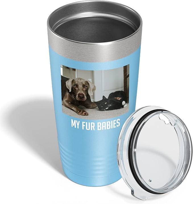 Personalized 20oz (17 Colors) Photo Picture Printed Insulated Stainless Steel Powder Coated Tumbler with Lid ??Customized Mother's Day Gift Gift for Him, Custom Coach Gifts Team Mom Dad (Light Blue)