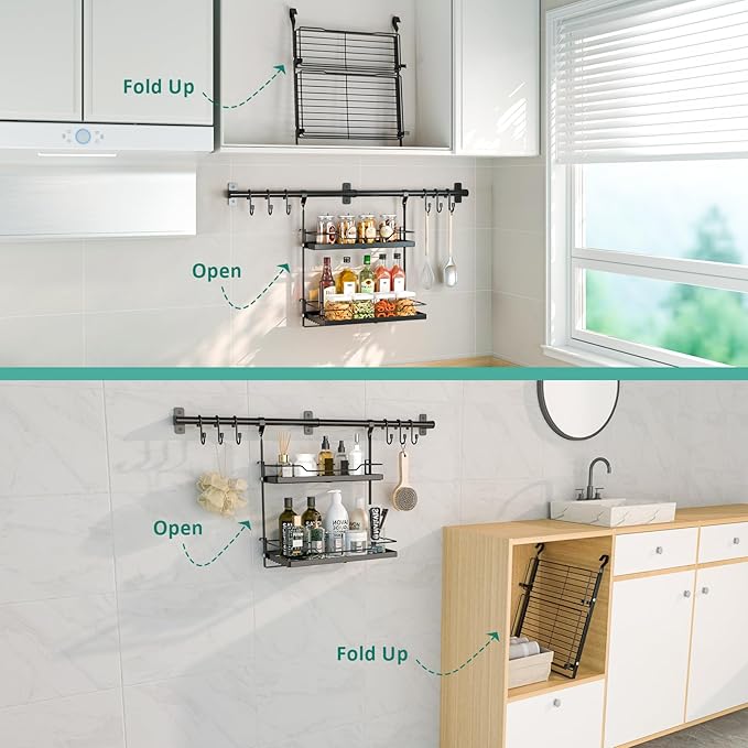 NADAMOO Kitchen Utensil Hanger and Spice Rack with Towel Rack Holder竊똚all Mount Space Saving Metal Storage Organizer for Pantry, Countertop, Bathroom