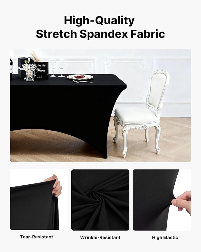 VEVOR 6 Pack Table Cloth for 6FT Rectangular Fitted Events, Wrinkle-Resistant Stretch Black Table Covers, Washable Spandex Tablecloth Protector, for Party, Wedding, Cocktail, Banquet, Festival