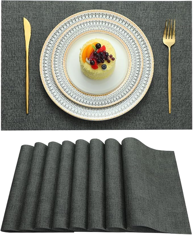 LQICAI Placemats Set of 8 Washable Heat Resistant Place Mats PVC Woven Dining Table Mat Black 8pcs