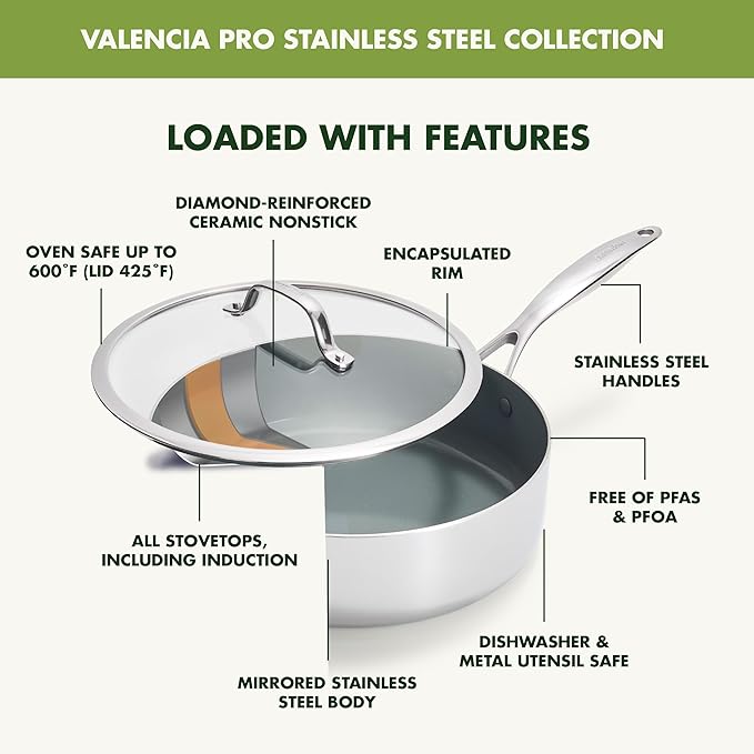 GreenPan Valencia Pro Tri-Ply Stainless Steel 5QT Saut챕 Pan with Lid, Ceramic Nonstick PFAS-Free Coating, Multi Clad Cookware, Induction, Dishwasher Oven and Broiler Safe