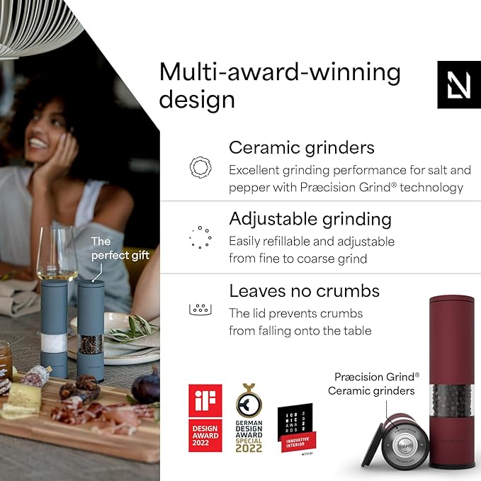 LARS NYS횠M Salt and Pepper Grinder Set Manual, Stainless Steel Salt and Pepper Mills with Adjustable Ceramic Grinder I Design Spice Shakers (Berry Red)