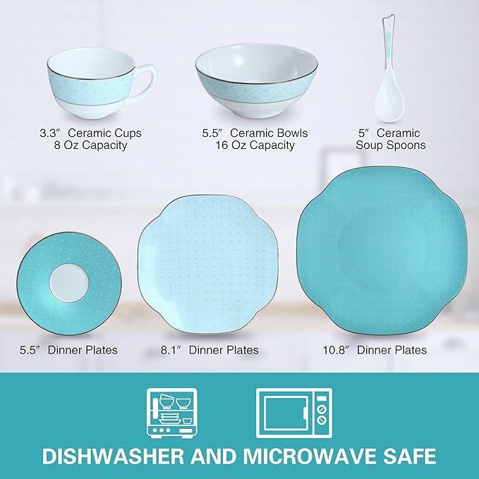 Blue 24 Piece Porcelain Dinnerware,Bone china set for 4,Plates and Bowls Sets With Silver checkered cross pattern, Highly Chip & Crack Resistant & Dishwasher (Light Blue + Checkered Cross)